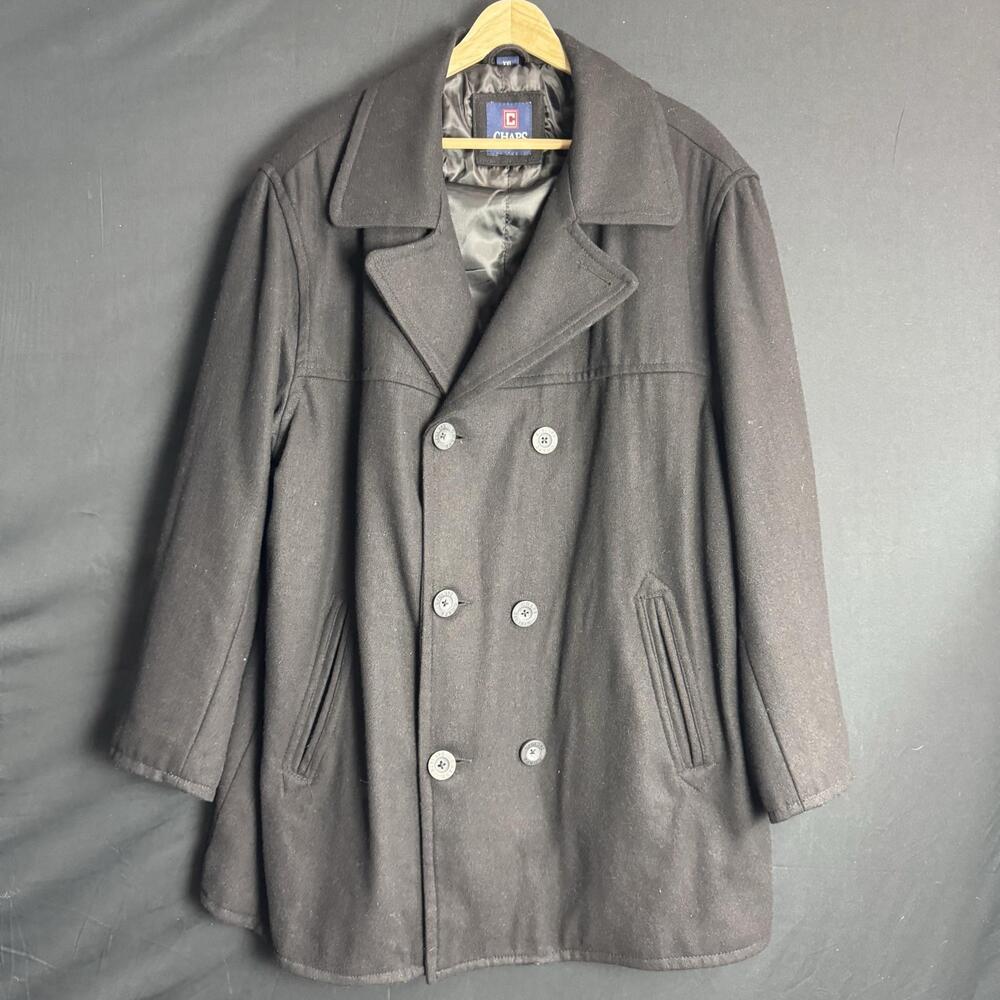 Chaps Ralph Lauren Pea Coat Mens 2XL Black Wool Dressy College Academia Winter